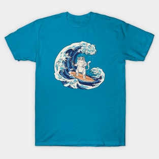 Funny Retro Surfing Sushi Cat Riding a Great Wave T-Shirt